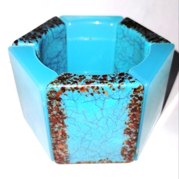 Vintage Jewelry - Vtg Chunky Resin 6 Sided Faux Turquoise Metallic Fleck Panel Stretch Bracelet